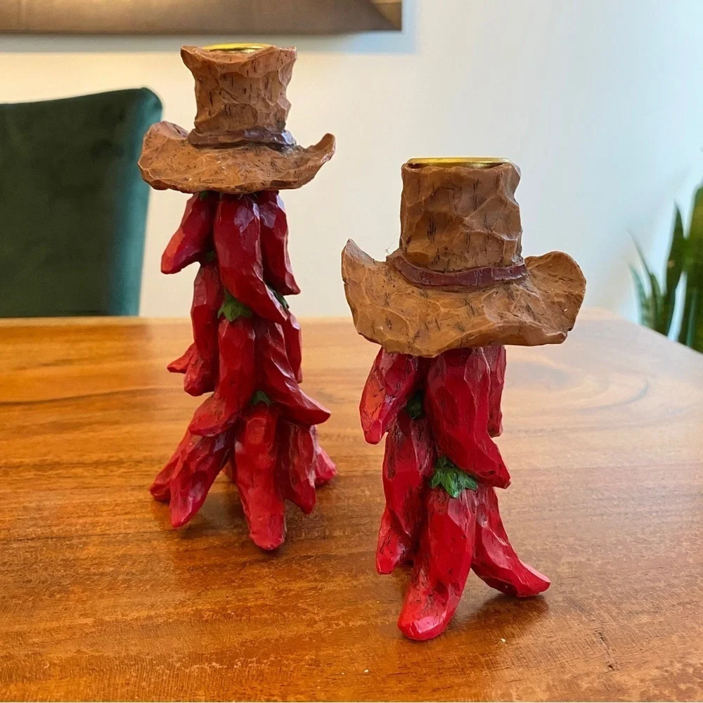 Jalapeño Red Chili Pepper Southwest Cowboy Candle Holders Set of two